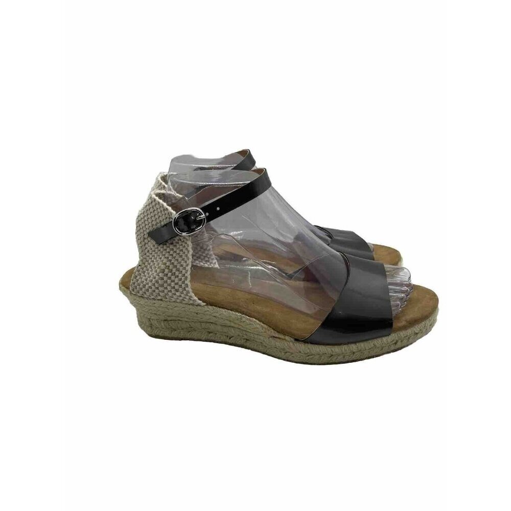 MAYPOL Black Patent Leather Wedge Espadrille Sandals Size 40 US 9.5-10 Spain